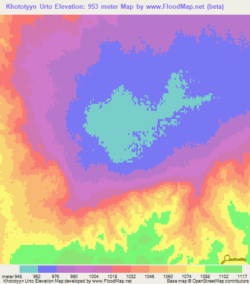Khototyyn Urto,Mongolia Elevation Map