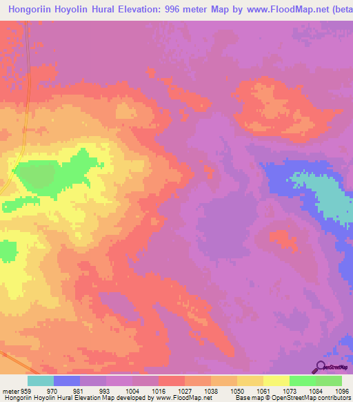 Hongoriin Hoyolin Hural,Mongolia Elevation Map
