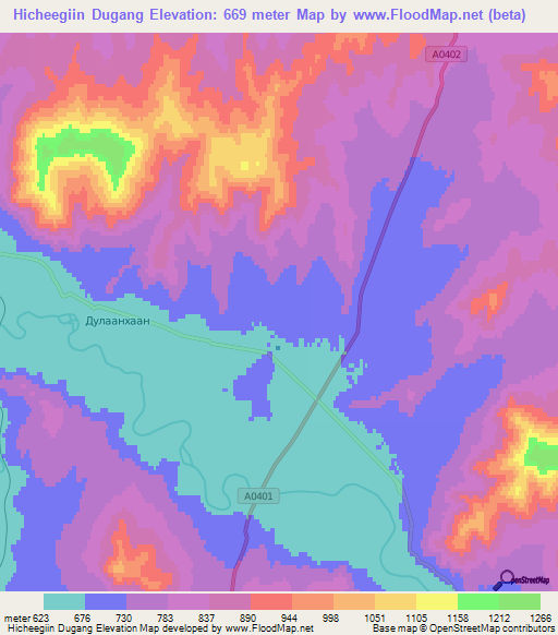 Hicheegiin Dugang,Mongolia Elevation Map