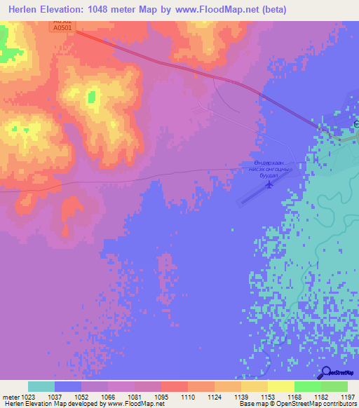 Herlen,Mongolia Elevation Map