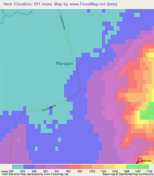 Herh,Mongolia Elevation Map