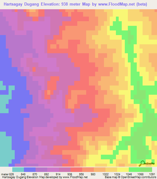 Hartsagay Dugang,Mongolia Elevation Map