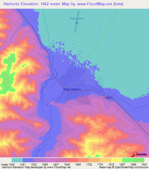 Harhorin,Mongolia Elevation Map