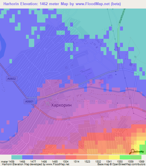 Harhorin,Mongolia Elevation Map