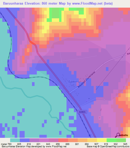 Baruunharaa,Mongolia Elevation Map