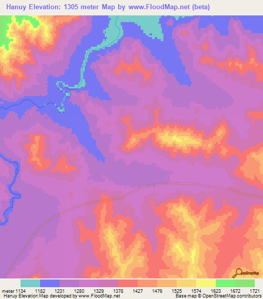 Hanuy,Mongolia Elevation Map