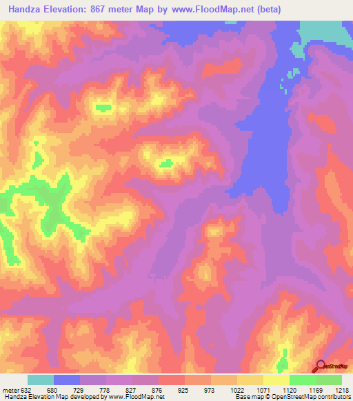 Handza,Mongolia Elevation Map