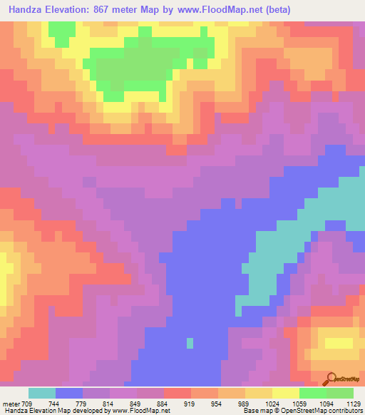 Handza,Mongolia Elevation Map