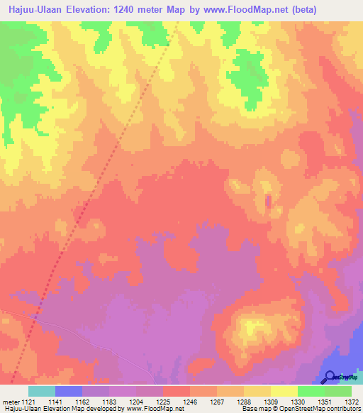 Hajuu-Ulaan,Mongolia Elevation Map