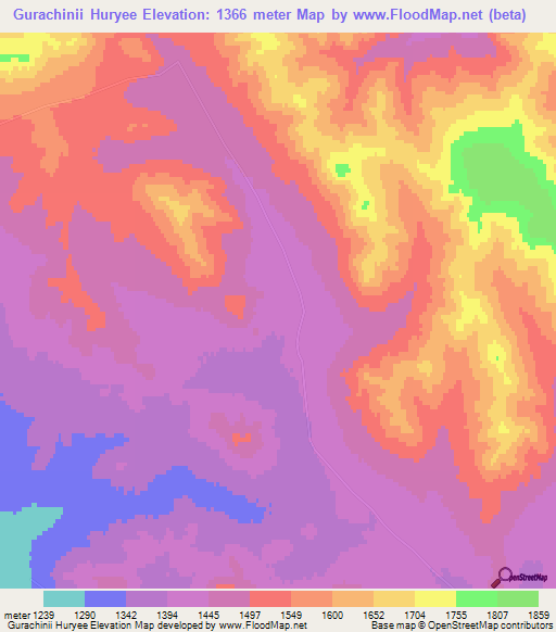 Gurachinii Huryee,Mongolia Elevation Map