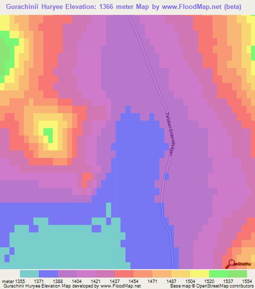 Gurachinii Huryee,Mongolia Elevation Map