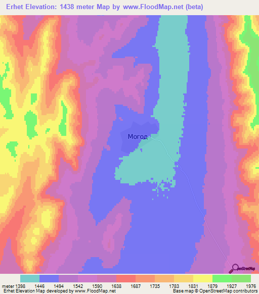 Erhet,Mongolia Elevation Map