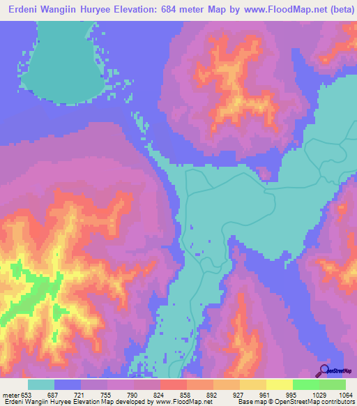 Erdeni Wangiin Huryee,Mongolia Elevation Map