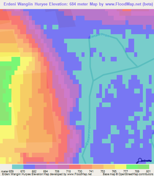 Erdeni Wangiin Huryee,Mongolia Elevation Map