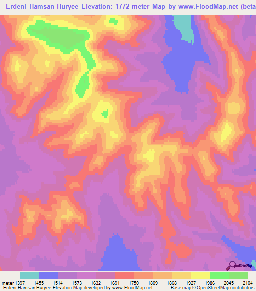 Erdeni Hamsan Huryee,Mongolia Elevation Map
