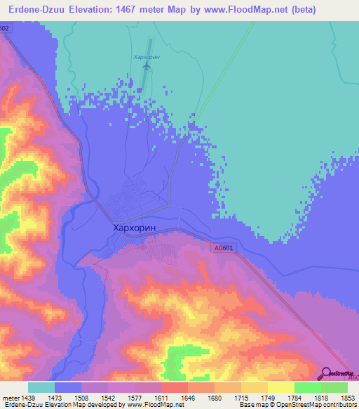 Erdene-Dzuu,Mongolia Elevation Map