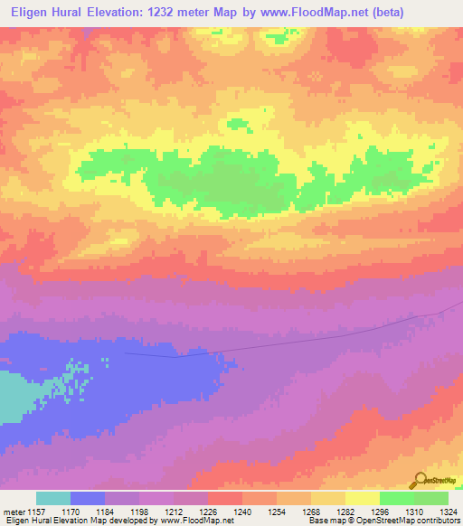 Eligen Hural,Mongolia Elevation Map