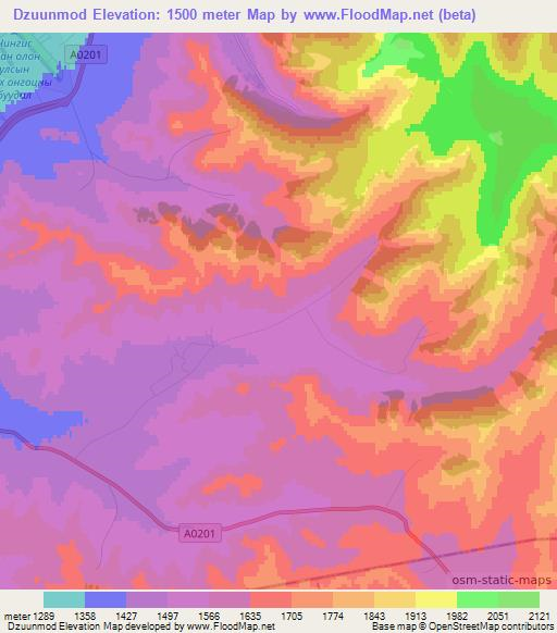 Dzuunmod,Mongolia Elevation Map