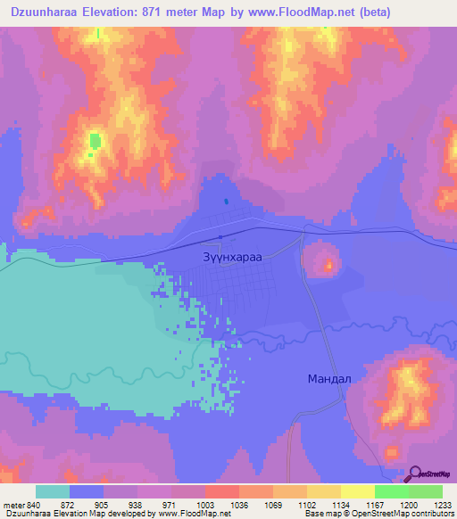 Dzuunharaa,Mongolia Elevation Map