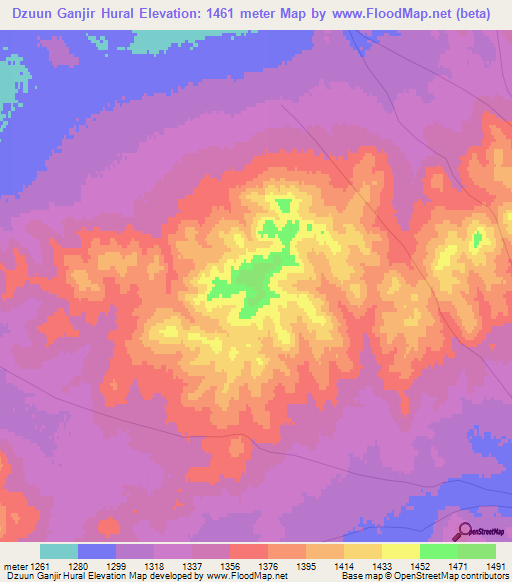 Dzuun Ganjir Hural,Mongolia Elevation Map