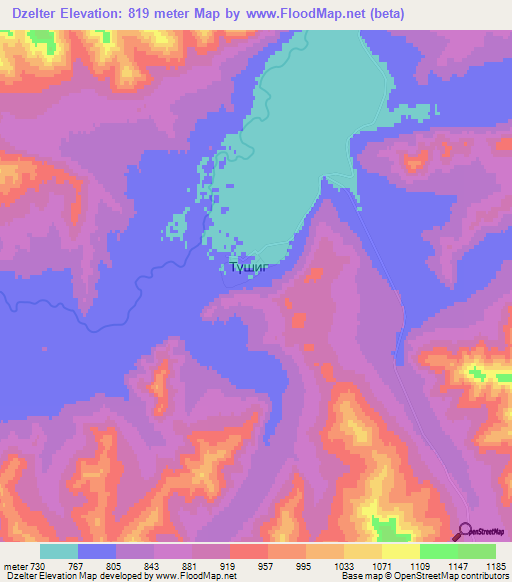 Dzelter,Mongolia Elevation Map
