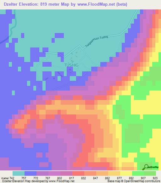 Dzelter,Mongolia Elevation Map