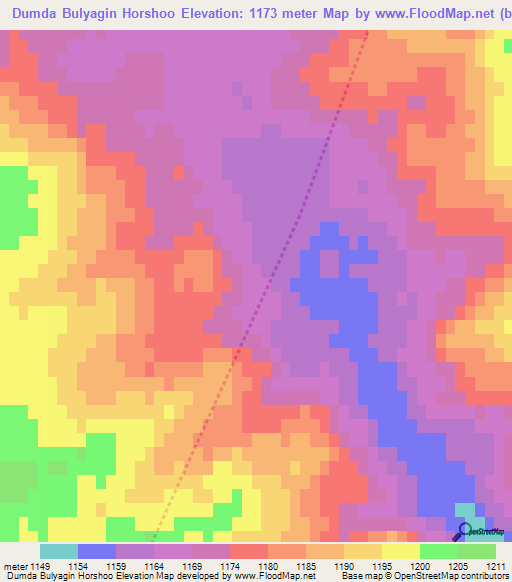 Dumda Bulyagin Horshoo,Mongolia Elevation Map