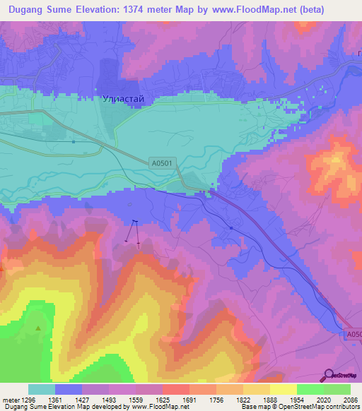 Dugang Sume,Mongolia Elevation Map