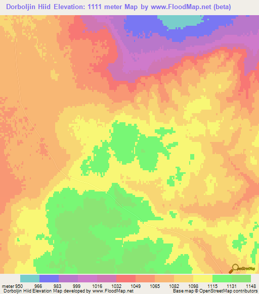 Dorboljin Hiid,Mongolia Elevation Map