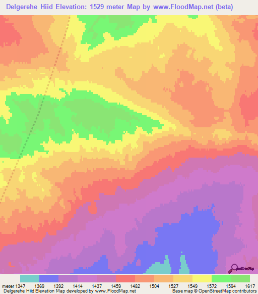 Delgerehe Hiid,Mongolia Elevation Map