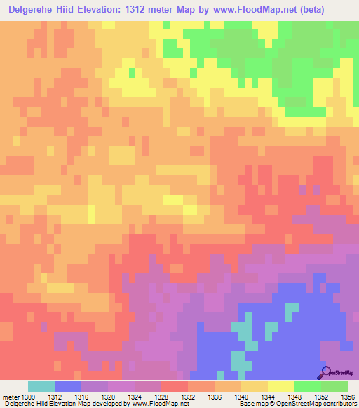 Delgerehe Hiid,Mongolia Elevation Map