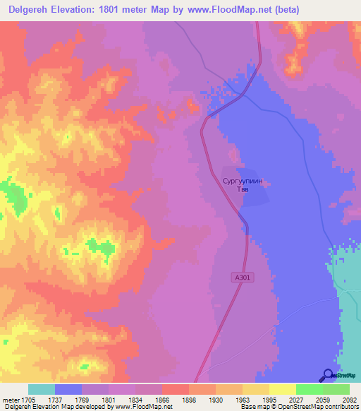 Delgereh,Mongolia Elevation Map