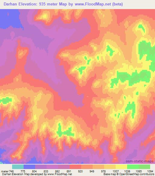 Darhan,Mongolia Elevation Map