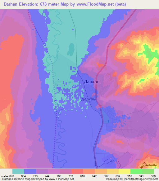 Darhan,Mongolia Elevation Map