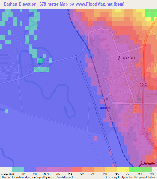 Darhan,Mongolia Elevation Map