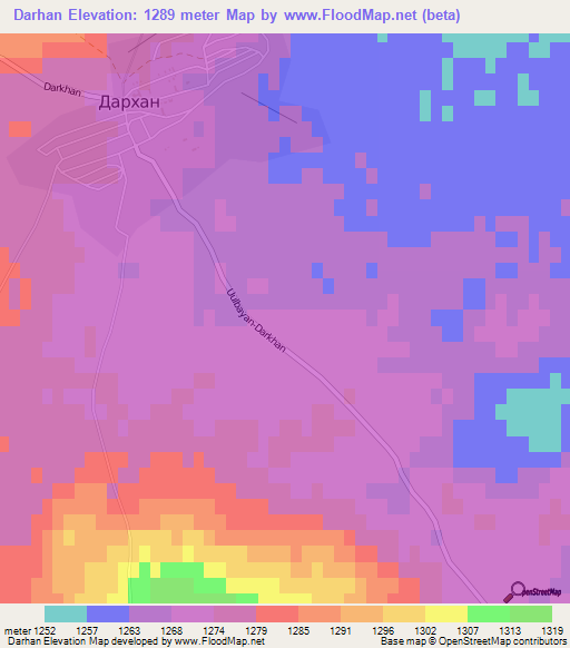 Darhan,Mongolia Elevation Map