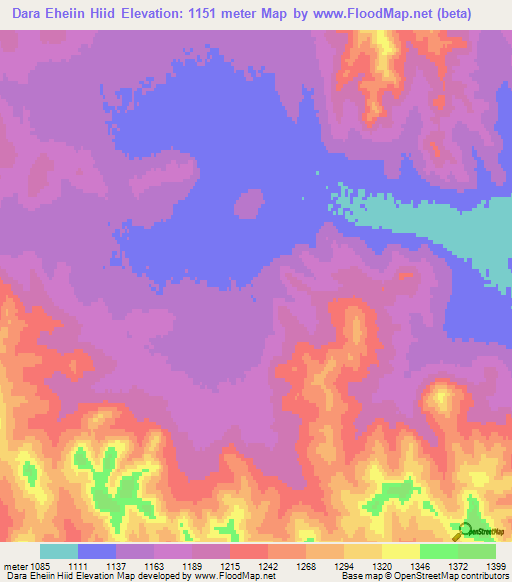 Dara Eheiin Hiid,Mongolia Elevation Map