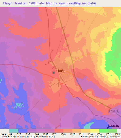 Choyr,Mongolia Elevation Map