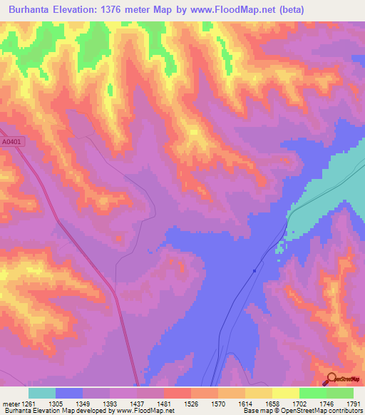Burhanta,Mongolia Elevation Map