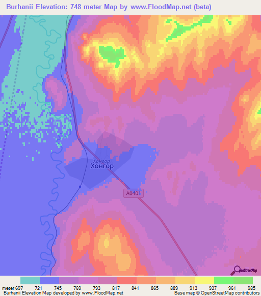 Burhanii,Mongolia Elevation Map