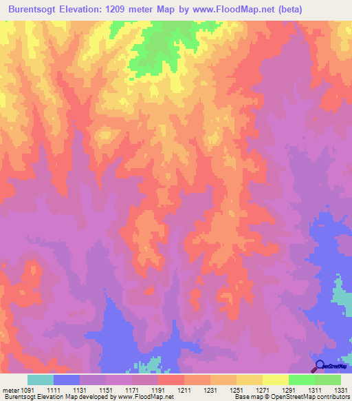 Burentsogt,Mongolia Elevation Map