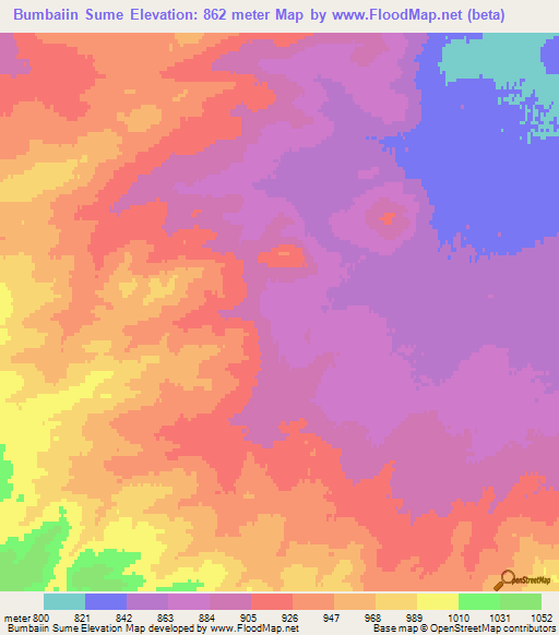 Bumbaiin Sume,Mongolia Elevation Map