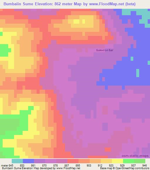 Bumbaiin Sume,Mongolia Elevation Map