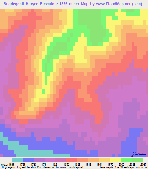 Bugdegenii Huryee,Mongolia Elevation Map
