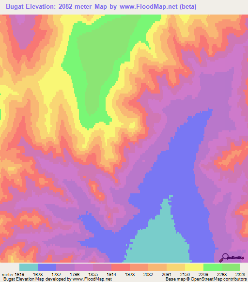 Bugat,Mongolia Elevation Map