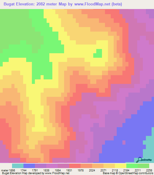 Bugat,Mongolia Elevation Map