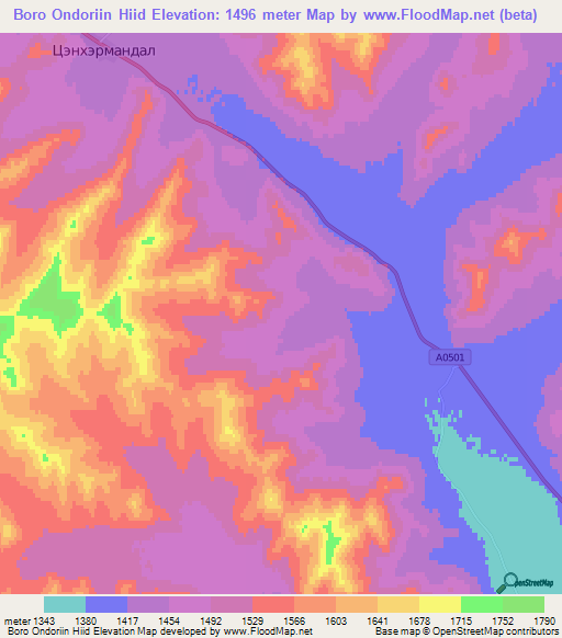 Boro Ondoriin Hiid,Mongolia Elevation Map