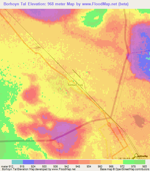 Borhoyn Tal,Mongolia Elevation Map