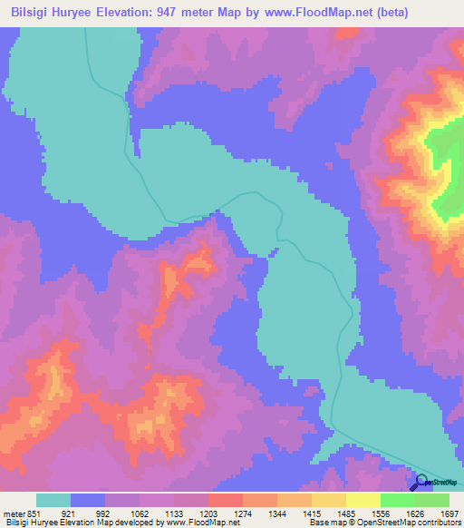 Bilsigi Huryee,Mongolia Elevation Map