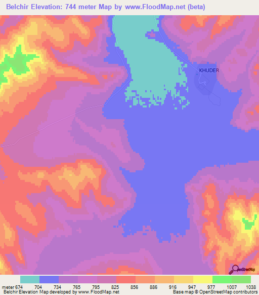 Belchir,Mongolia Elevation Map